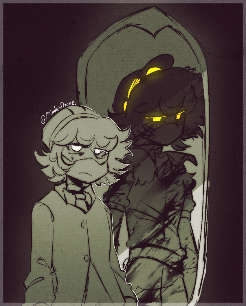 1boy, android, black_hat, black_jacket, commentary, english_commentary, face_filter, frown, grey_hair, hat, highres, humanoid_robot, jacket, minderdrone, mirror, murder_drones, n_(murder_drones), robot, short_hair, tanning_oil, white_hair, yellow_eyes