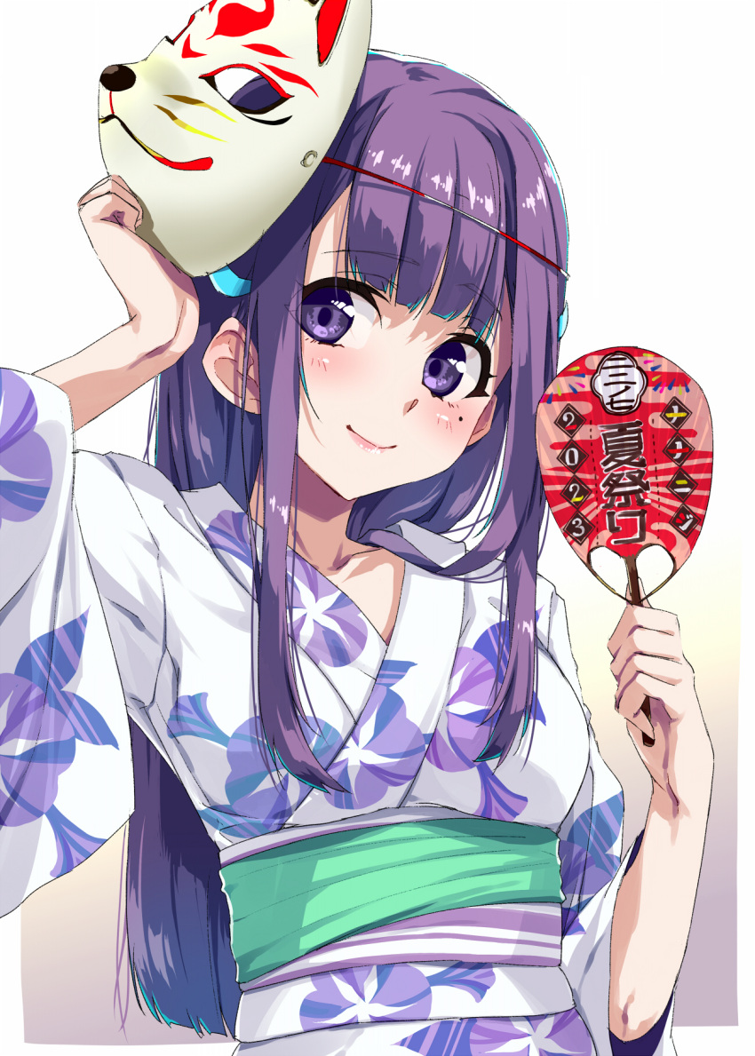 1girl, 22/7, closed_mouth, collarbone, floral_print_kimono, fox_mask, hair_ornament, hand_fan
