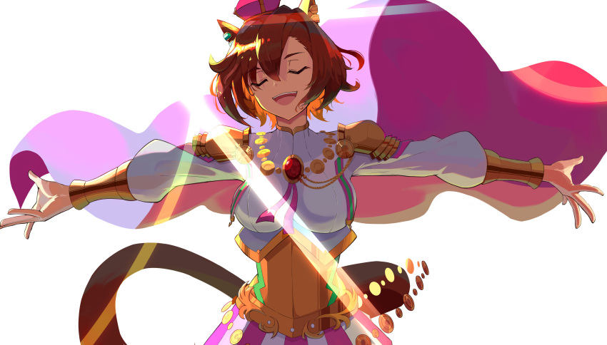 1girl, :d, absurdres, armor, breasts, brown_hair, cape, closed_eyes, facing_viewer, hat, highres, horse_girl, long_sleeves, madori_(madori151), medium_breasts, mini_hat, outstretched_arms, pink_cape, pink_hat, shirt, short_hair, shoulder_armor, simple_background, smile, solo, t.m._opera_o_(umamusume), umamusume, upper_body, white_background, white_shirt