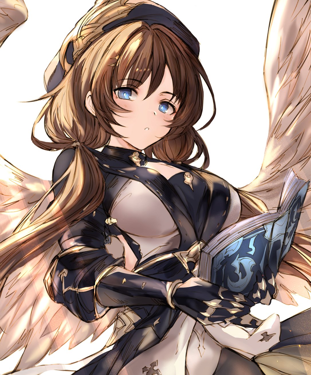 1girl, armored_gloves, beret, black_sarong, blue_eyes, book, breasts, brown_hair