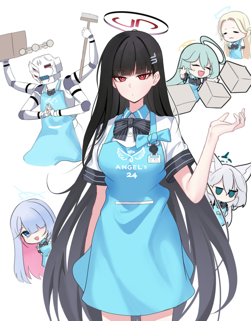 5girls, ahoge, angel's_24_uniform_(blue_archive), animal_ears, apron, avant_garde_(blue_archive), black_hair, blonde_hair