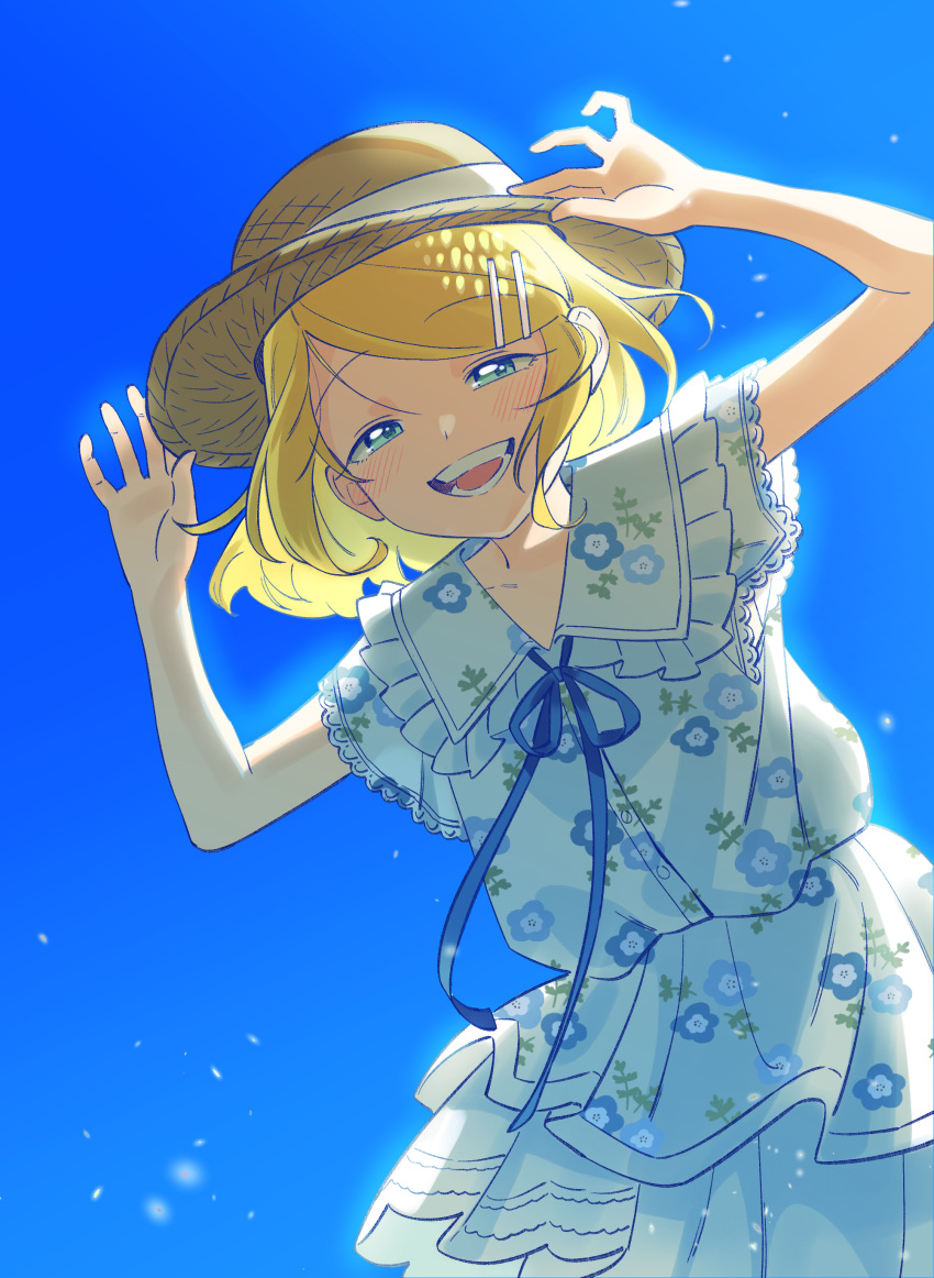 1girl, absurdres, adjusting_eyewear, bare_arms, blonde_hair, blue_dress, blue_flower, blue_pansy