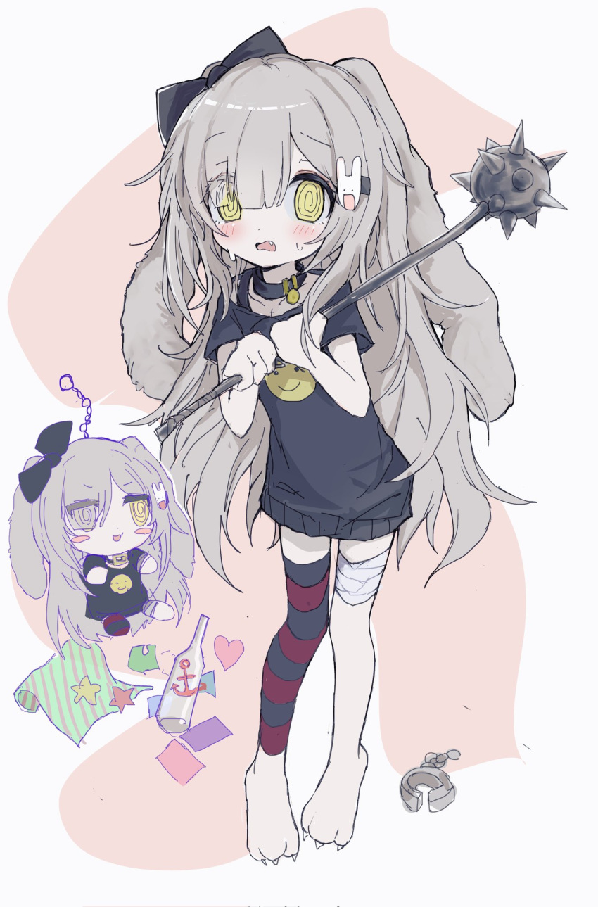 1girl, @_@, animal_collar, animal_ears, animal_hands, blunt_bangs, blush, chibi, chibi_inset, collar, fang, floppy_ears, grey_hair, hair_ornament, hair_over_one_eye, highres, long_hair, mace, original, oyasu_miyo_(vreparty), rabbit_ears, rabbit_hair_ornament, reitoubeef, simple_background, spiked_mace, spikes, weapon, white_background, yellow_eyes