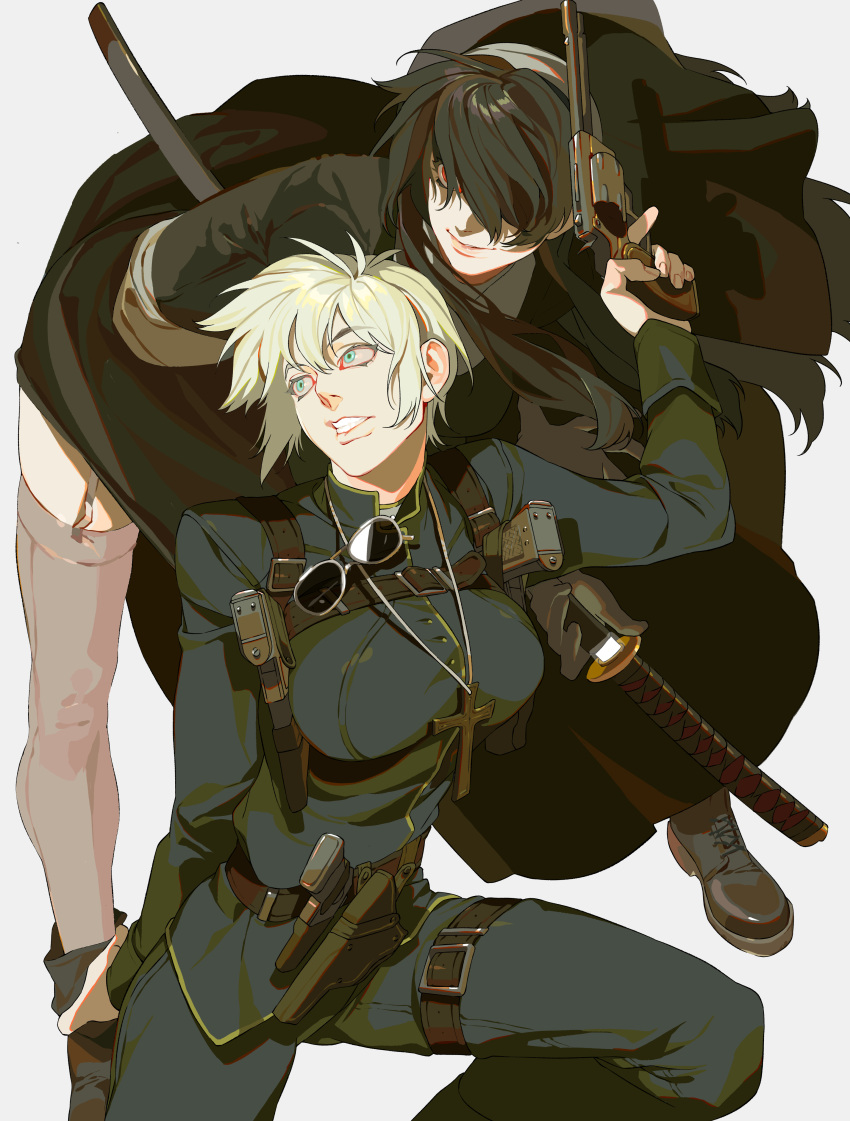 2girls, absurdres, black_hair, blonde_hair, blue_eyes, cross, dress, gun, heinkel_wolfe, hellsing, highres, holding, holding_gun, holding_sword, holding_weapon, looking_ahead, mgong520, multiple_girls, nun, red_eyes, sword, takagi_yumie, weapon, white_dress