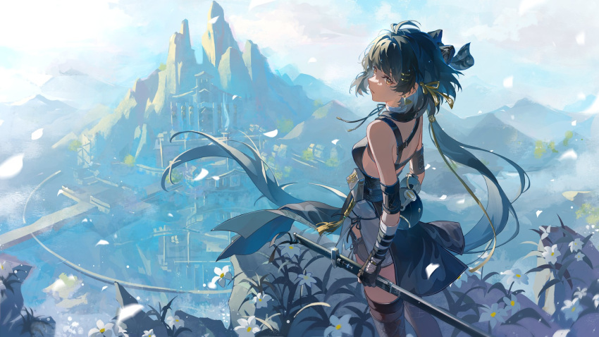 1girl, armlet, blue_hair, bolichar, breasts, closed_mouth, cowboy_shot, dark_blue_hair