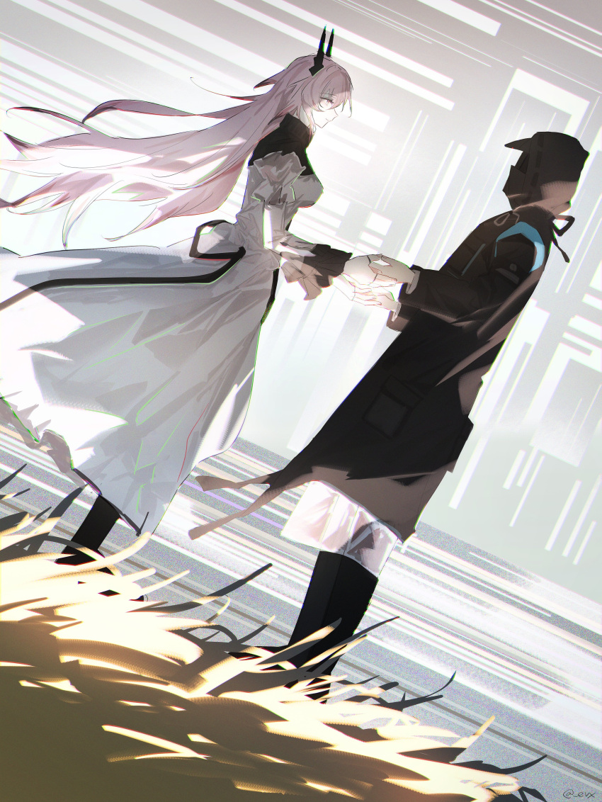 1girl, 1other, absurdres, ambiguous_gender, arknights, doctor_(arknights), dress, eve_(meltdown)