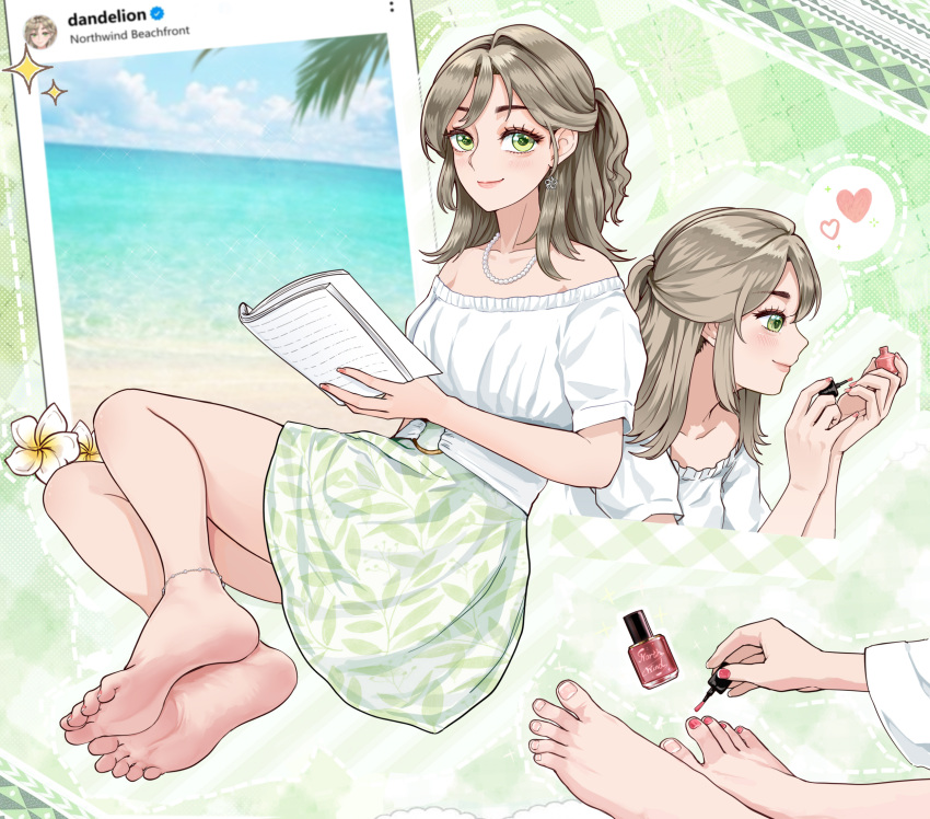 1girl, applying_pedicure, bare_arms, bare_legs, barefoot, beifeng_han, book, brown_hair, feet, gem, green_eyes, highres, jewelry, legs, looking_at_viewer, medium_hair, nail_polish, original, painting_toenails, ponytail, soles, toenail_polish, toenails, toes