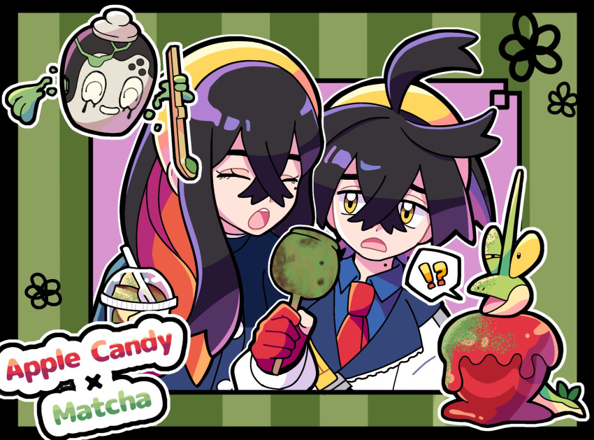 !?, 1boy, 1girl, black_hair, blue_jacket, blue_shirt, brother_and_sister, candy_apple