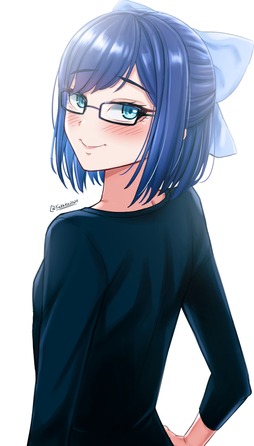 1girl, a-chan_(hololive), absurdres, black-framed_eyewear, black_shirt, blue_bow, blue_eyes, blush, bow, glasses, hair_bow, highres, hololive, kekeko2024, looking_at_viewer, office_lady, purple_hair, shirt, short_hair, smile, solo, virtual_youtuber, white_background