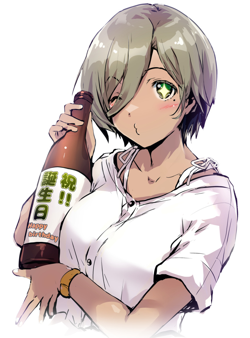 1girl, blush, bottle, breasts, brown_hair, collarbone, commentary_request, dress_shirt