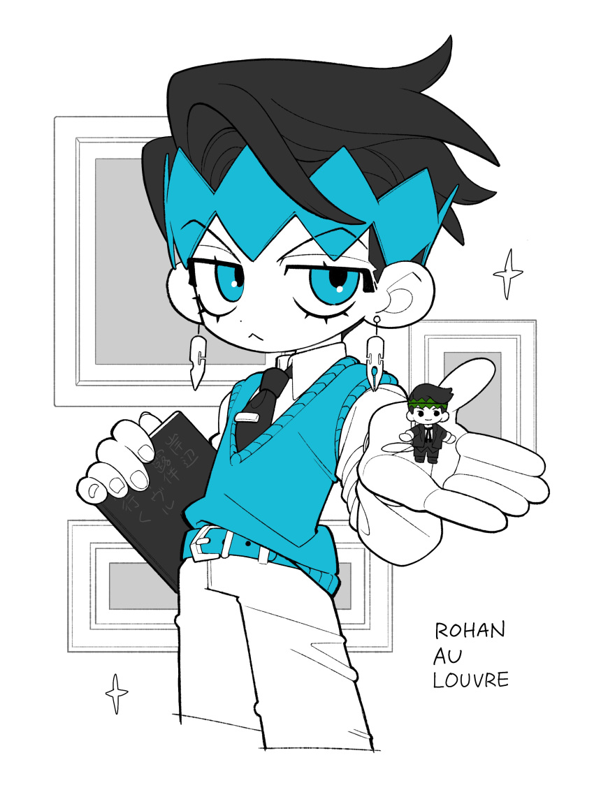 1boy, :<, absurdres, belt, book, c73an, character_doll, copyright_name