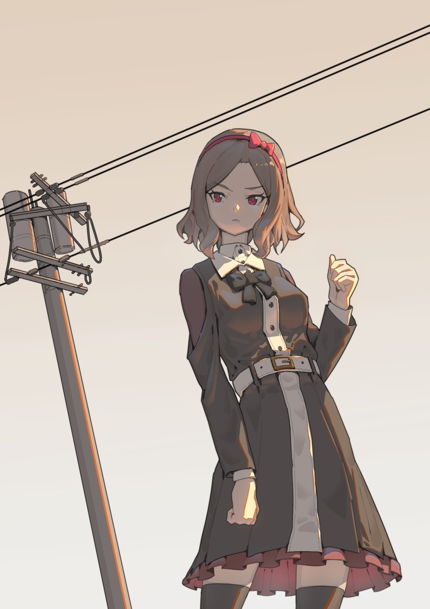 1girl, absurdres, belt, belt_buckle, black_bow, black_bowtie, black_dress, black_thighhighs