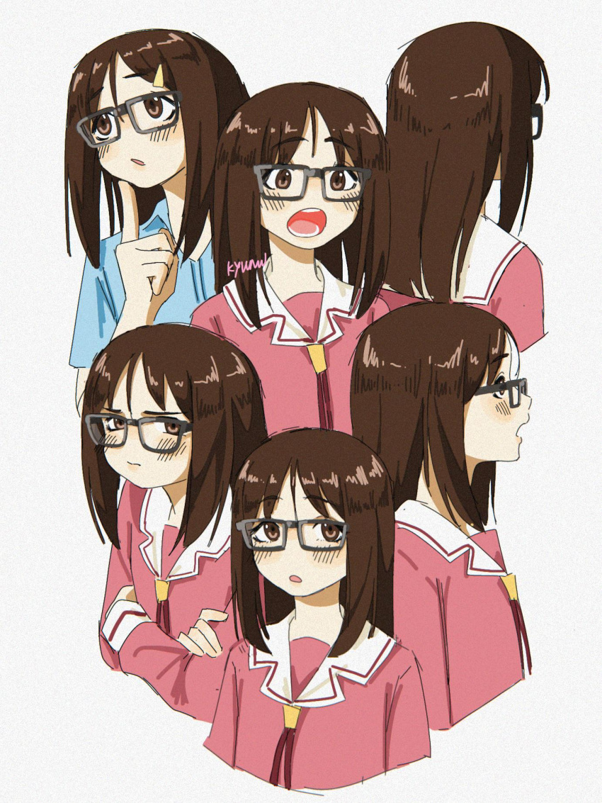 1girl, artist_name, azumanga_daioh, azumanga_daioh's_school_uniform, bespectacled, black-framed_eyewear, blue_shirt, blush