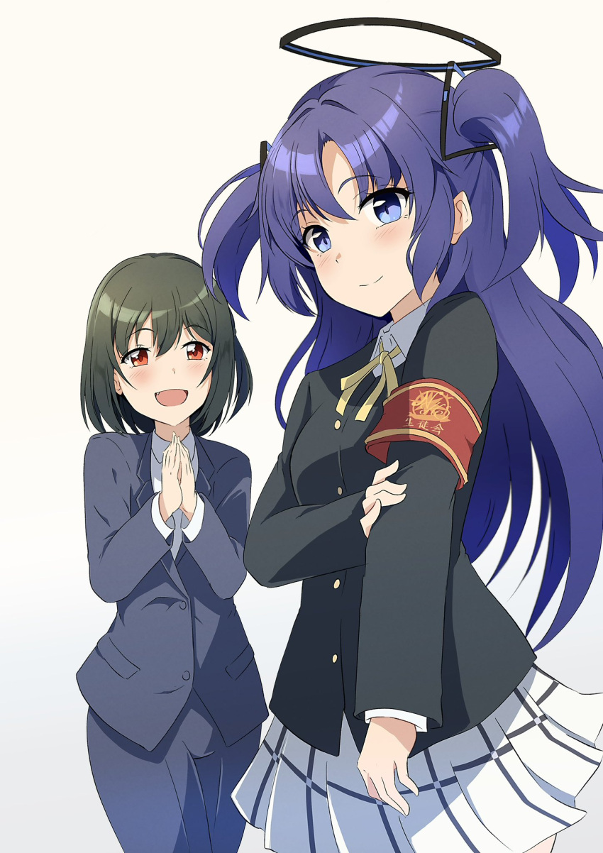 2girls, :d, armband, black_hair, black_jacket, blazer, blue_archive, blush, breasts, buttons, closed_mouth, collared_shirt, cosplay, crossover, dress_shirt, halo, highres, jacket, long_hair, long_sleeves, love_live!, love_live!_nijigasaki_high_school_idol_club, mechanical_halo, mifune_shioriko, mifune_shioriko_(cosplay), multiple_girls, neck_ribbon, nijigasaki_school_uniform, open_mouth, own_hands_together, palms_together, plaid_clothes, plaid_skirt, pleated_skirt, purple_hair, red_armband, red_eyes, ribbon, school_uniform, shirt, short_hair, skirt, smile, standing, suit, tongue, two_side_up, violet_eyes, white_background, white_shirt, white_skirt, winter_uniform, yellow_ribbon, yuuka_(blue_archive), zasshoku_ojisan