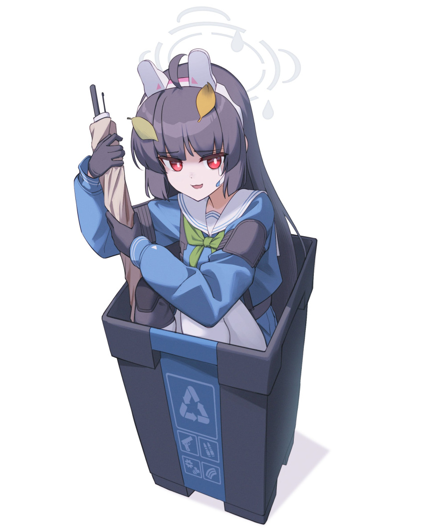 1girl, animal_ears, black_hair, blue_archive, blue_serafuku, blue_skirt, earpiece, fake_animal_ears