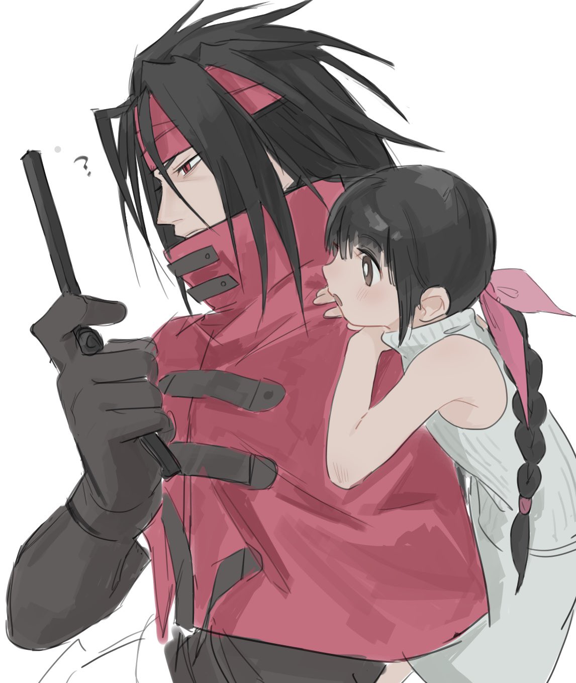 1boy, 1girl, ?, bare_shoulders, black_gloves, black_hair, braid, braided_ponytail, brown_eyes, cape, cellphone, child, cloak, commentary_request, final_fantasy, final_fantasy_vii, final_fantasy_vii_advent_children, flip_phone, from_side, gloves, hair_ribbon, hand_on_another's_shoulder, headband, highres, holding, holding_phone, long_hair, marlene_wallace, phone, pink_ribbon, red_cape, red_cloak, red_eyes, red_headband, ribbon, simple_background, skirt, sleeveless, sleeveless_turtleneck, spiky_hair, sweater, turtleneck, turtleneck_sweater, upper_body, vani_(hisha_04), vincent_valentine, white_skirt, white_sweater