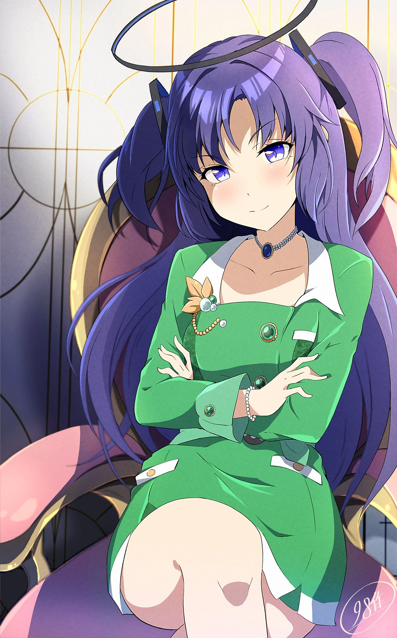 1girl, blue_archive, blush, bracelet, breasts, chair, closed_mouth, collared_dress