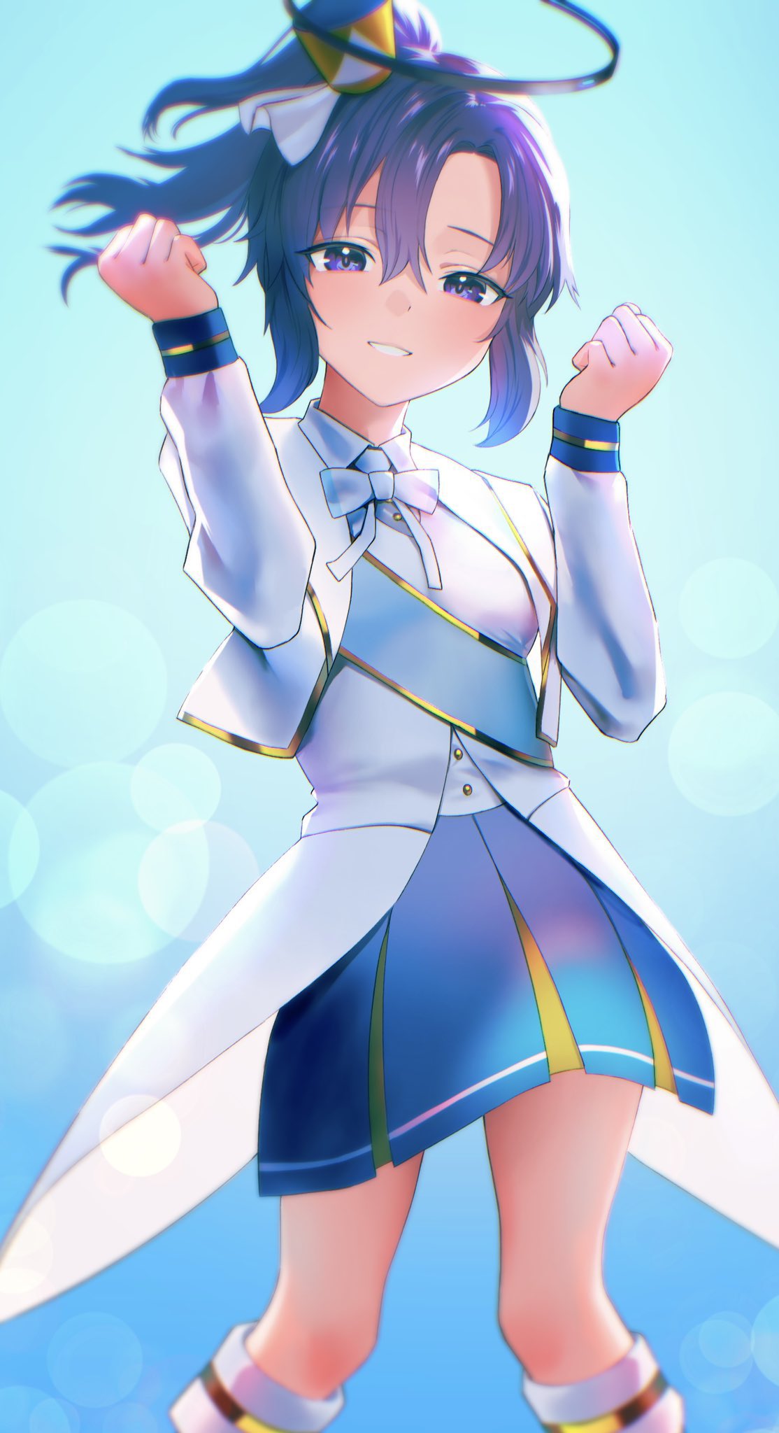 1girl, blue_archive, blue_skirt, blush, bow, bowtie, breasts, commission, cosplay, cowboy_shot, cropped_jacket, halo, hands_up, highres, jacket, kazane-wind, legs, long_hair, long_sleeves, looking_at_viewer, love_live!, love_live!_nijigasaki_high_school_idol_club, mechanical_halo, osaka_shizuku, osaka_shizuku_(cosplay), purple_hair, second-party_source, shirt, skeb_commission, skirt, smile, solo, standing, teeth, white_bow, white_bowtie, white_jacket, white_shirt, yuuka_(blue_archive)