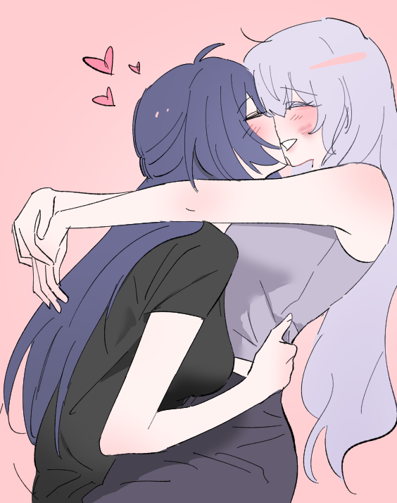 2girls, 9_(hcl9fg), acheron_(honkai:_star_rail), arms_around_neck, bare_arms, black_shirt, black_swan_(honkai:_star_rail), blush