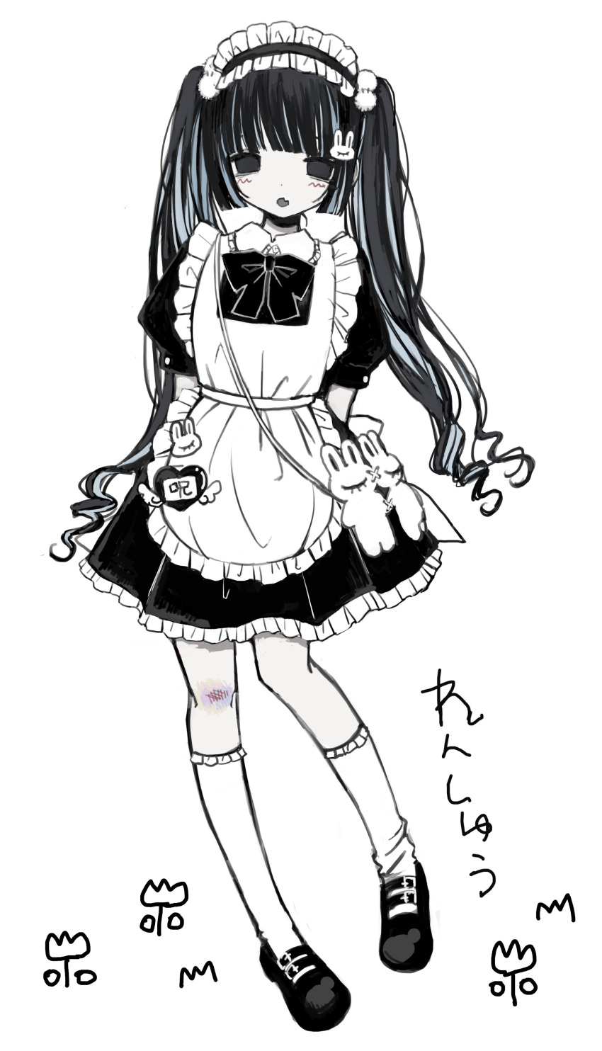 1girl, absurdres, apron, arm_behind_back, black_dress, black_footwear, black_hair, blush