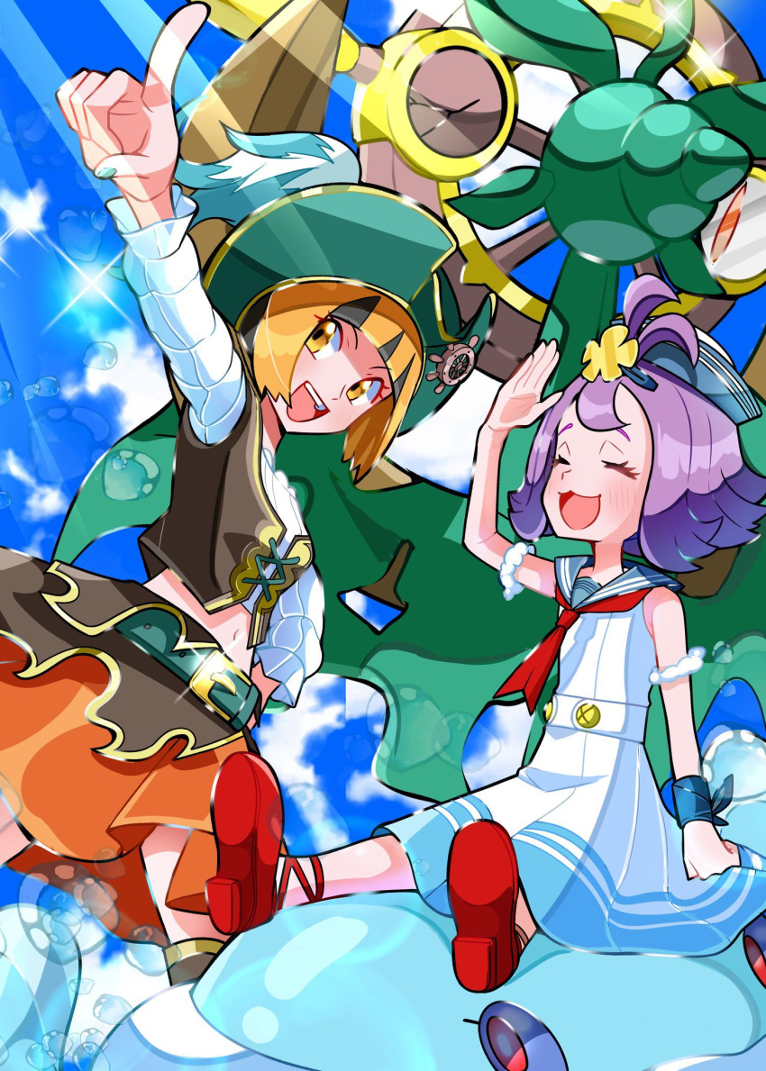2girls, acerola_(pokemon), acerola_(summer_2024)_(pokemon), belt, black_hair, blue_hat, blue_nails, blush