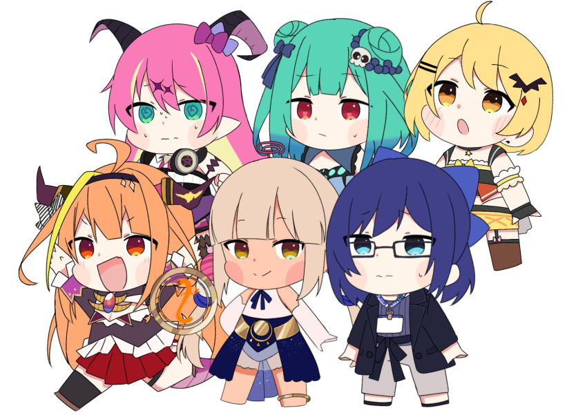 6+girls, :/, :o, @_@, a-chan_(hololive), ahoge, animal_print, anklet