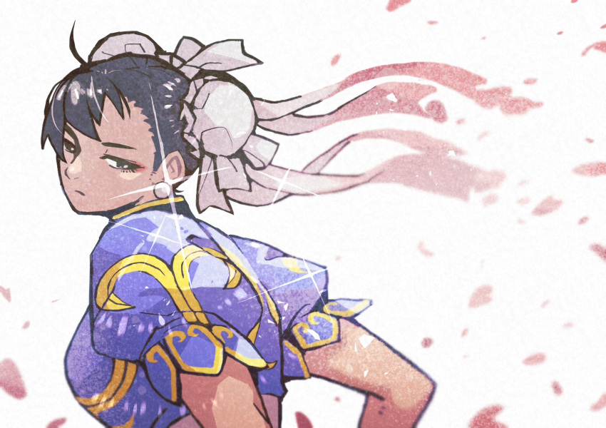 1girl, black_hair, blue_dress, breasts, brown_eyes, bun_cover, china_dress, chinese_clothes