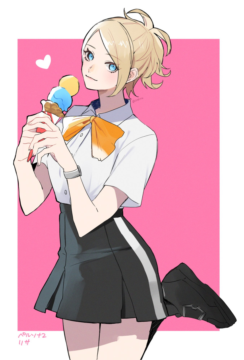 1girl, black_footwear, black_skirt, blonde_hair, blue_eyes, border, bow, bowtie