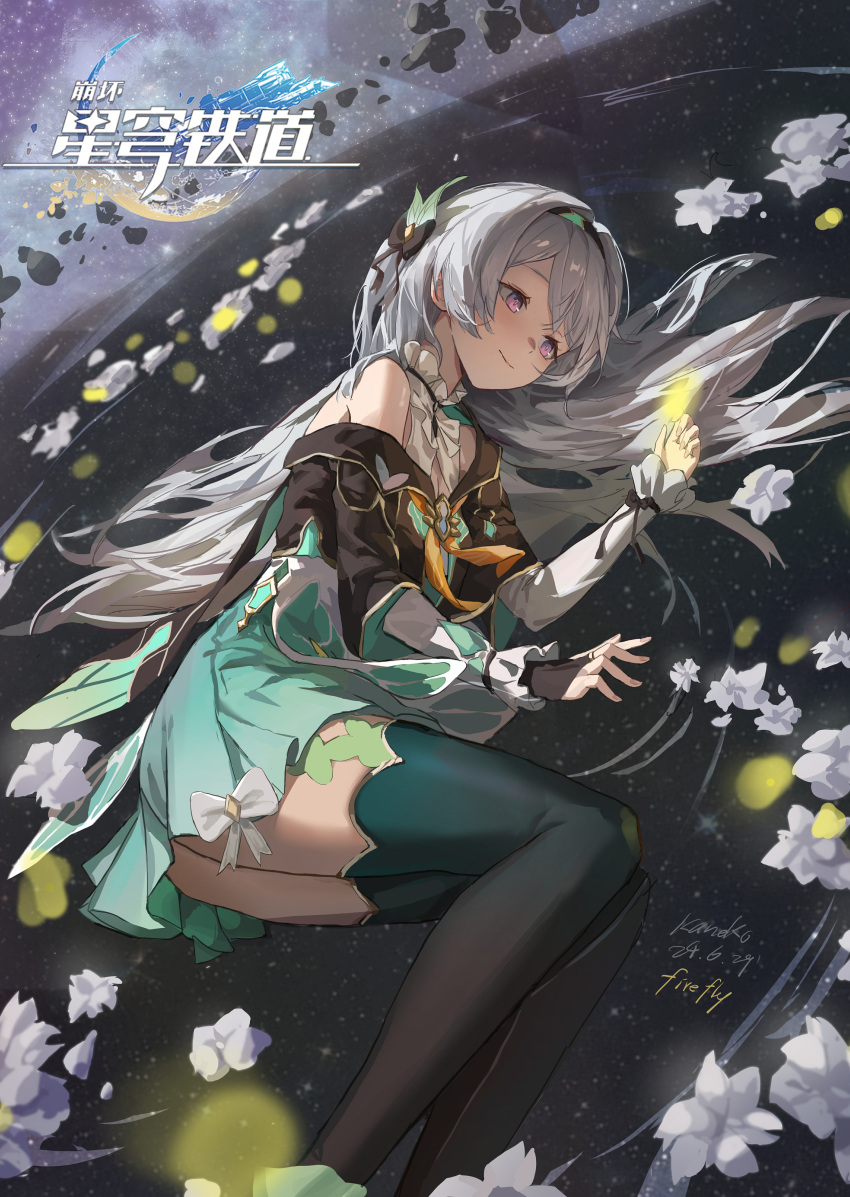 1girl, absurdres, aqua_skirt, black_gloves, black_hairband, breasts, collared_shirt, cropped_jacket