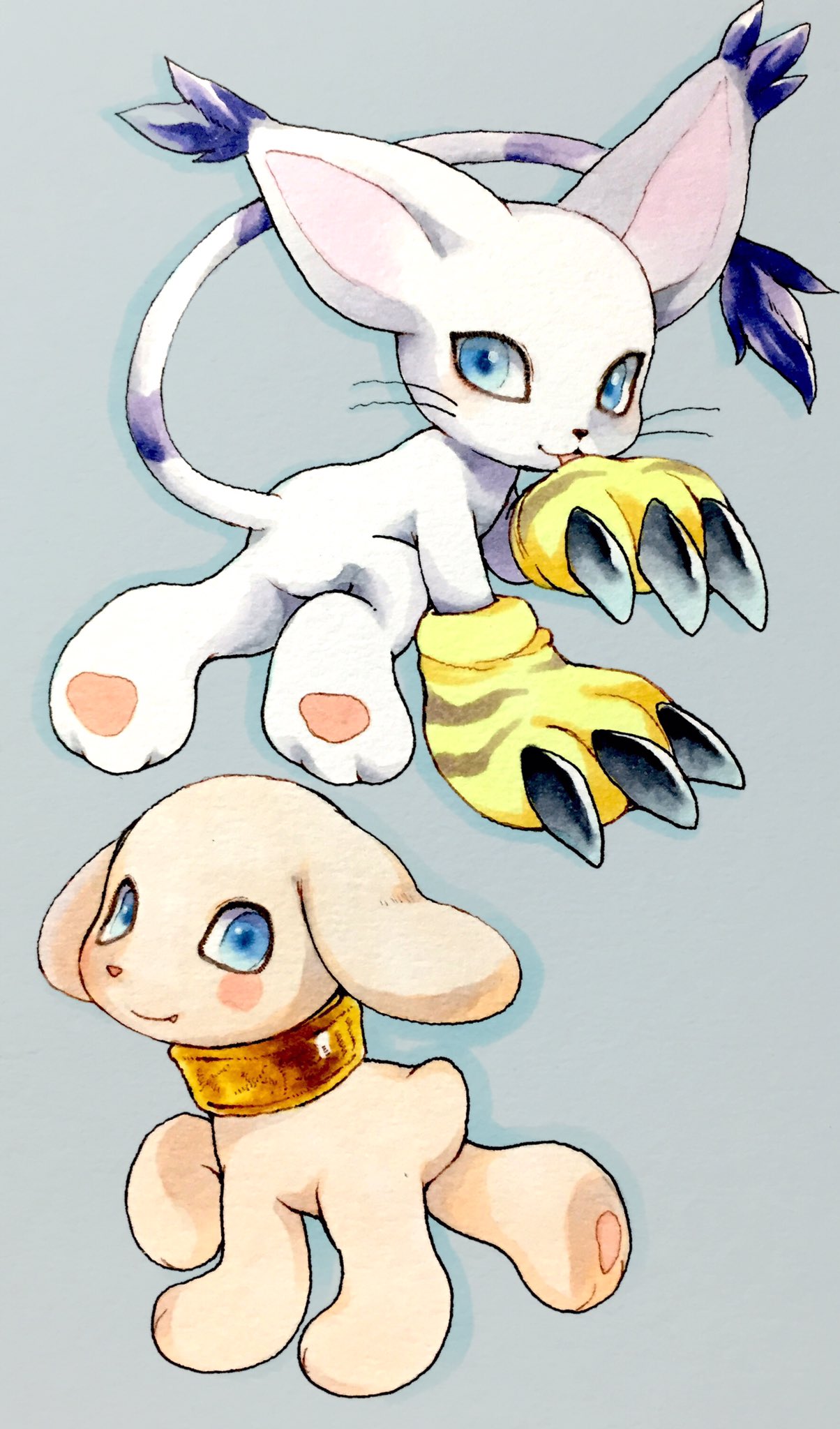 animal_ears, animal_feet, blue_background, blue_eyes, cat, collar, digimon, digimon_(creature)