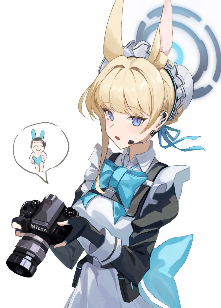 1girl, absurdres, animal_ears, apron, black_dress, black_gloves, blonde_hair, blue_archive