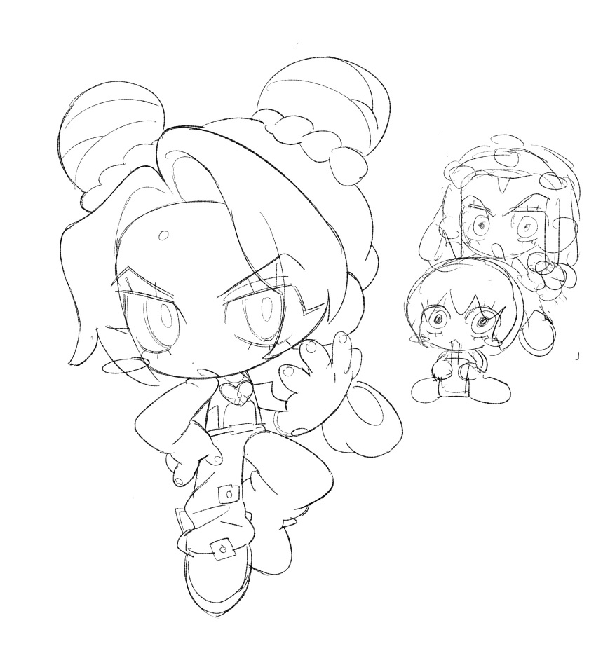 3girls, blush_stickers, braid, c73an, chibi, chibi_only, cone_hair_bun, dot_nose