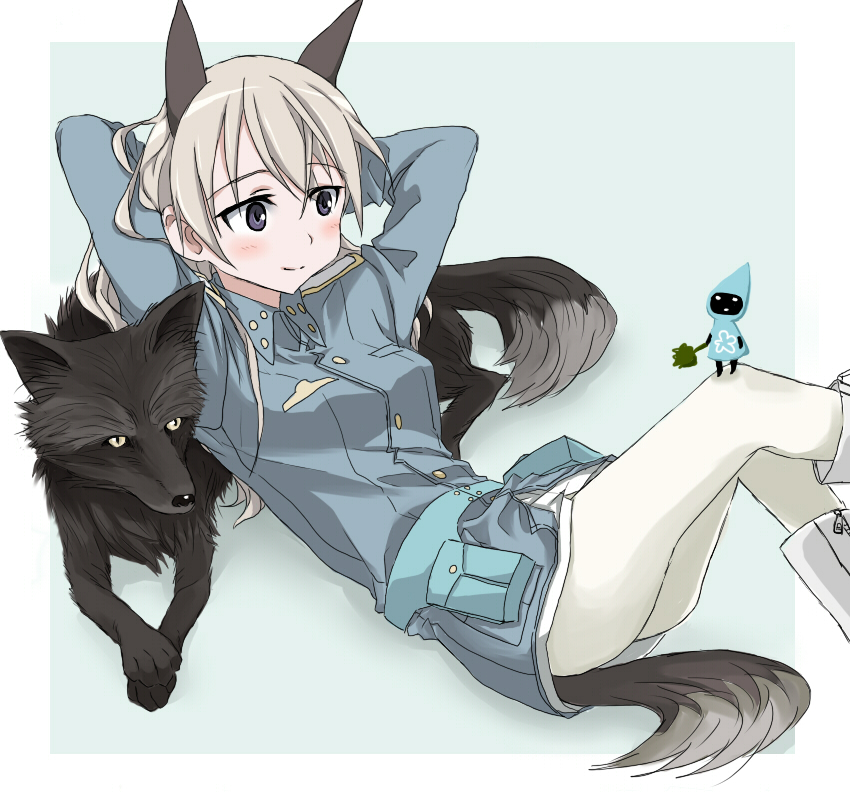 blonde_hair, e-n, eila_ilmatar_juutilainen, fox, fox_ears, fox_tail, military, military_uniform, pantyhose, purple_eyes, strike_witches, tail, tonttu, uniform, violet_eyes, white_legwear