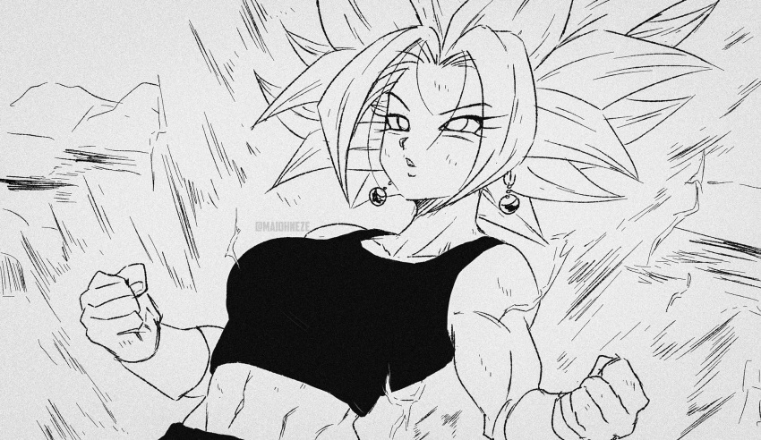 1girl, abs, crop_top, dragon_ball, dragon_ball_super, earrings, greyscale, highres, jewelry, kefla_(dragon_ball), maiohneze, midriff, monochrome, muscular, muscular_female, potara_earrings, saiyan, solo, spiky_hair, super_saiyan