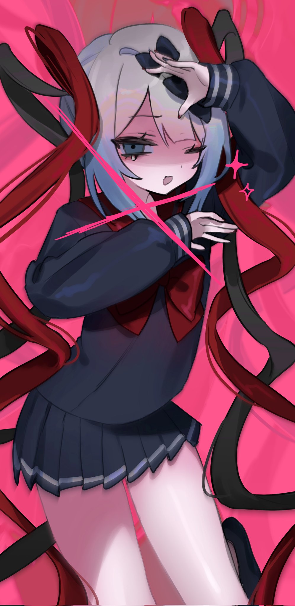 1girl, black_bow, black_eyes, black_footwear, black_serafuku, black_skirt, bow, braised_cutlass