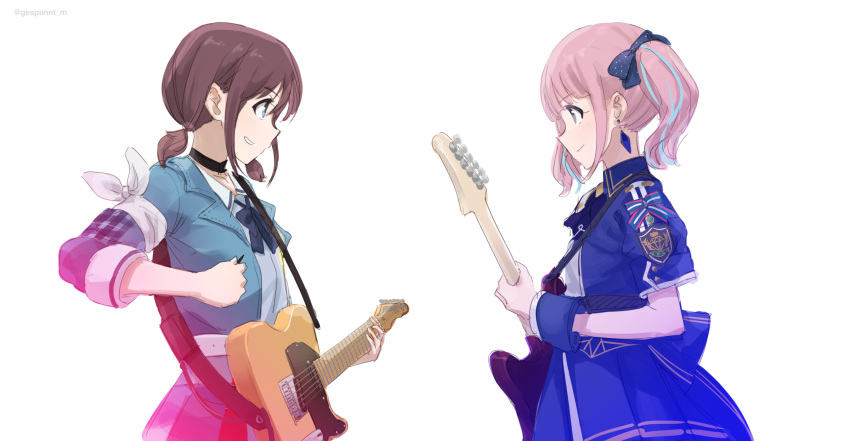 2girls, adapted_costume, belt, black_choker, blue_bow, blue_bowtie, blue_eyes, blue_hair, blue_jacket, blue_ribbon, blue_skirt, blue_wrist_cuffs, blush, bow, bowtie, brown_hair, choker, closed_mouth, commentary_request, cowboy_shot, earrings, girls_band_cry, grey_eyes, guitar, hair_ribbon, highres, hina_(girls_band_cry), holding, holding_guitar, holding_instrument, holding_plectrum, instrument, iseri_nina, jacket, jewelry, looking_at_another, low_twintails, mos_(m_gespannt), multicolored_hair, multiple_girls, open_mouth, partial_commentary, pink_hair, plectrum, ribbon, school_uniform, shirt, short_sleeves, short_twintails, sidelocks, simple_background, skirt, sleeves_past_elbows, streaked_hair, twintails, twitter_username, white_background, white_belt, white_shirt, wrist_cuffs