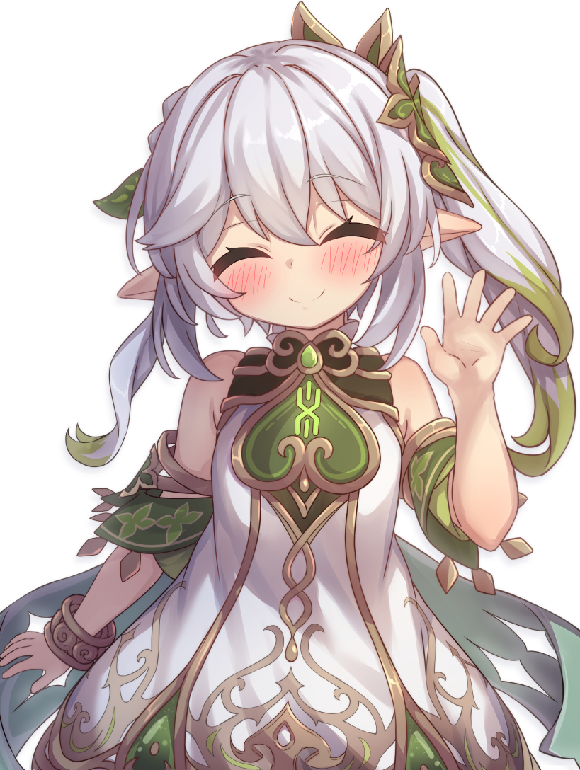 1girl, bare_shoulders, blush, bracelet, closed_eyes, commentary_request, detached_sleeves, dress