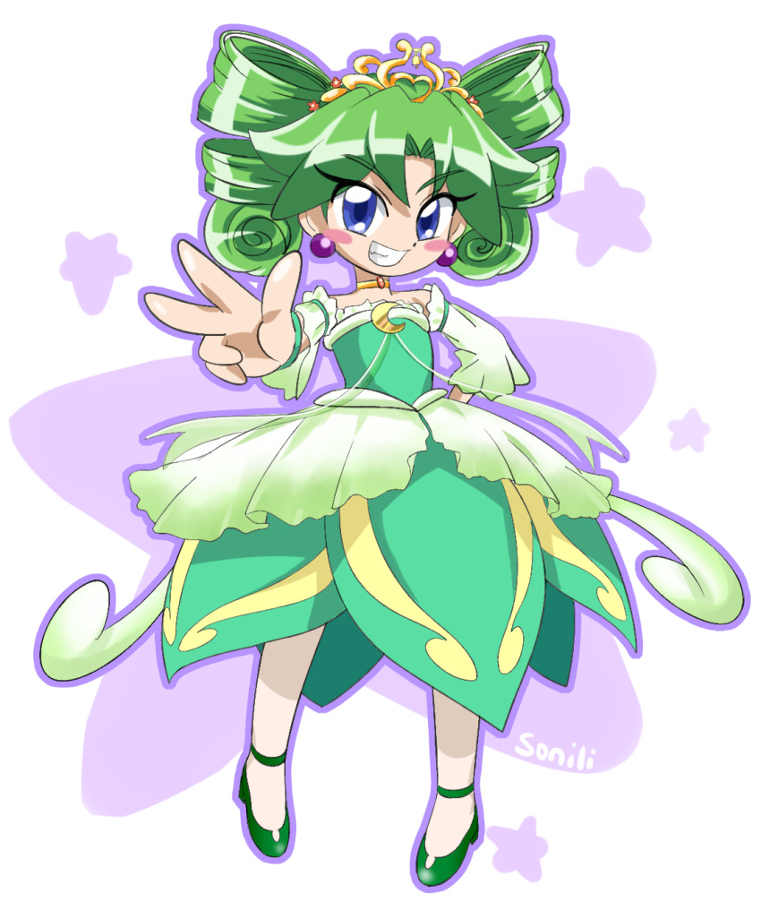 1girl, alternate_costume, alternate_hairstyle, artist_name, bare_shoulders, bibin_(futagohime), blue_eyes, blush, blush_stickers, choker, crescent_brooch, crown, detached_sleeves, dress, drill_hair, earrings, frills, full_body, fushigiboshi_no_futago_hime, fushigiboshi_no_futago_hime_gyu, green_dress, green_hair, hair_ornament, highres, jewelry, looking_at_viewer, magical_girl, mary_janes, pantyhose, shoes, simple_background, smile, solo, sonili, starry_background, tsurime, twin_drills, v, white_background