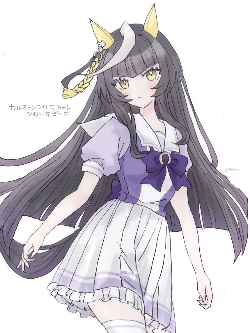 1girl, ahoge, animal_ears, black_hair, bow, bowtie, calstone_light_o_(umamusume), cowboy_shot