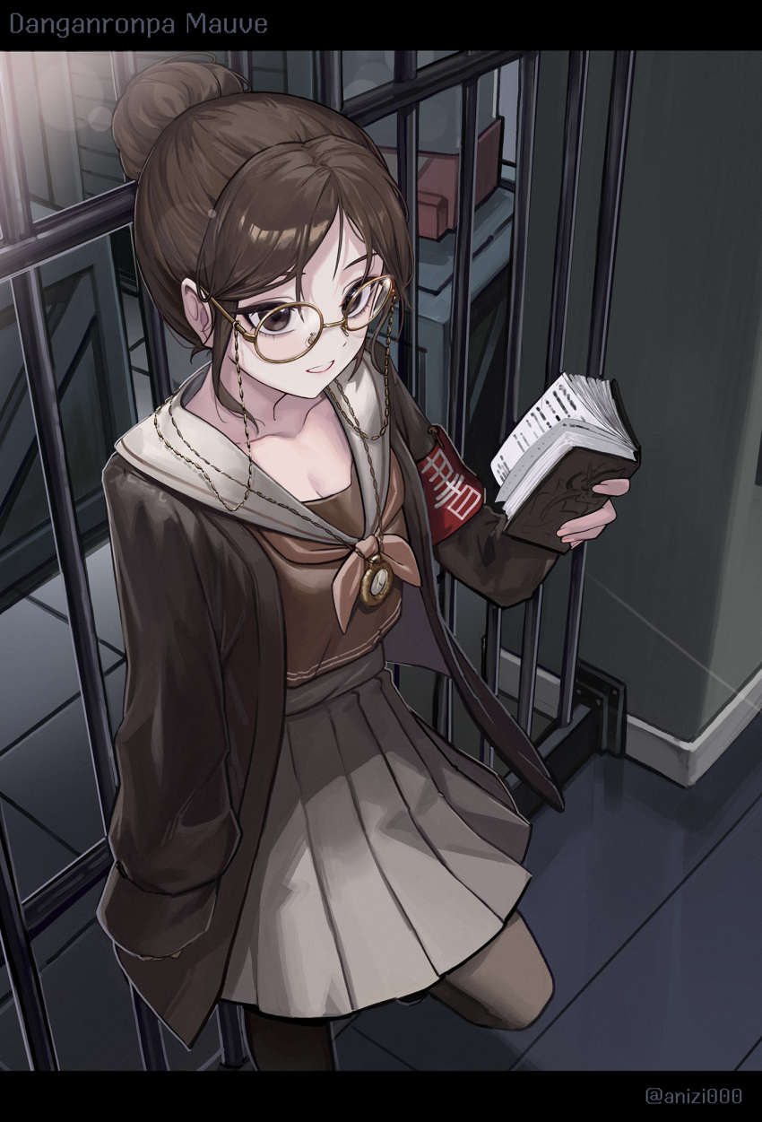 1girl, anizi, black_jacket, book, brown_eyes, brown_neckerchief, brown_pantyhose, collarbone