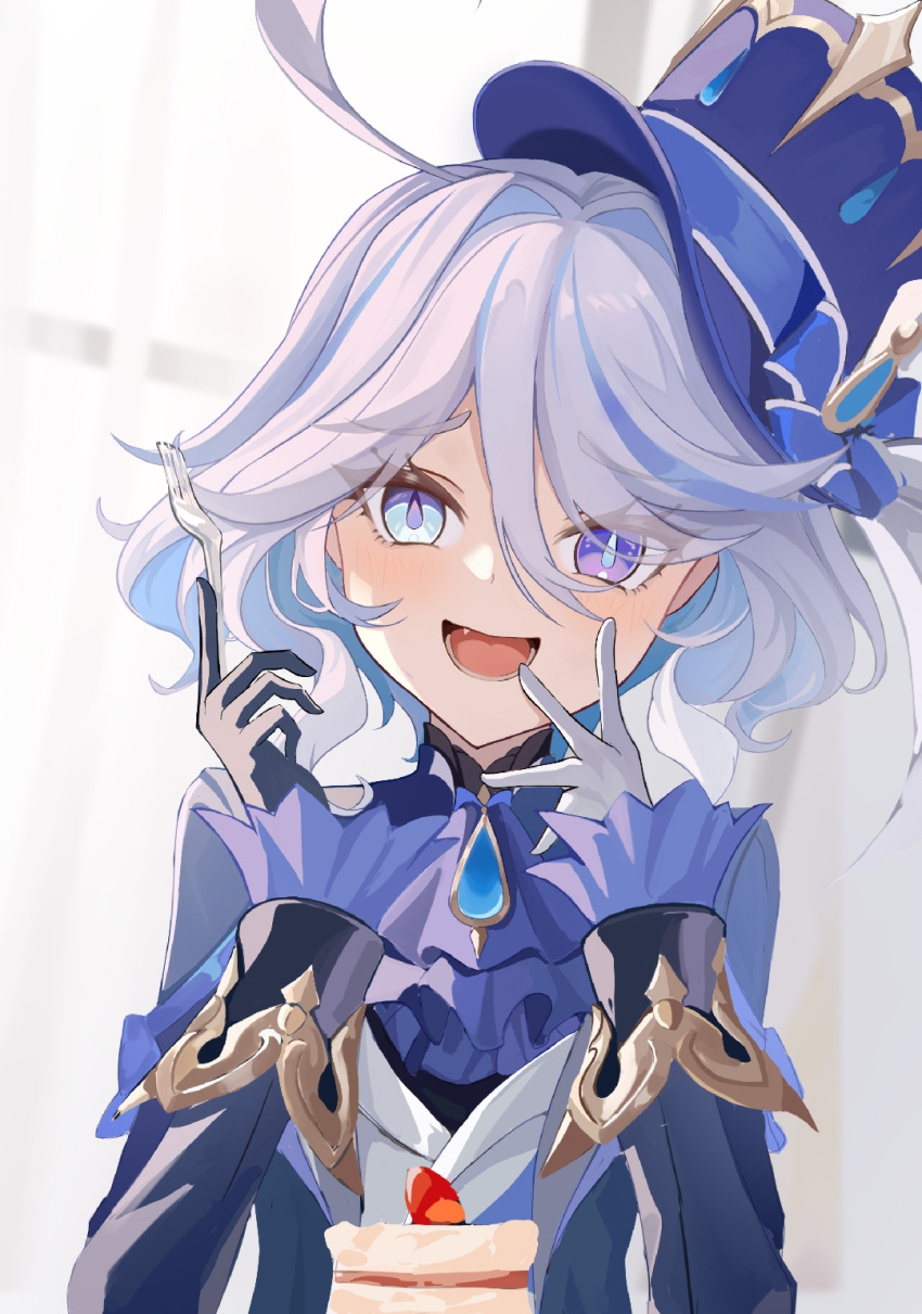 1girl, asymmetrical_gloves, black_gloves, blue_eyes, blue_gemstone, blue_hair, blue_hat, blue_jacket
