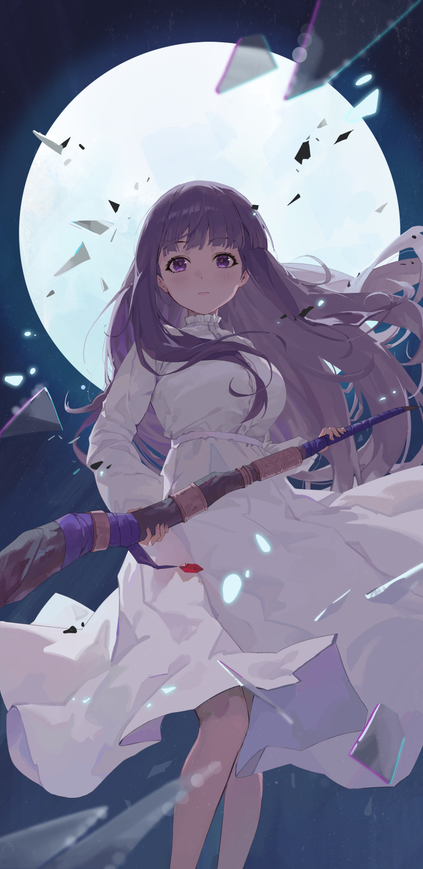 1girl, absurdres, blunt_bangs, blush, broken_glass, closed_mouth, dress, expressionless, feet_out_of_frame, fern_(sousou_no_frieren), fingernails, floating, glass, highres, holding, holding_staff, long_hair, long_sleeves, looking_at_viewer, moon, night, night_sky, outdoors, shi_classmate, sidelocks, sky, solo, sousou_no_frieren, staff, violet_eyes, white_dress