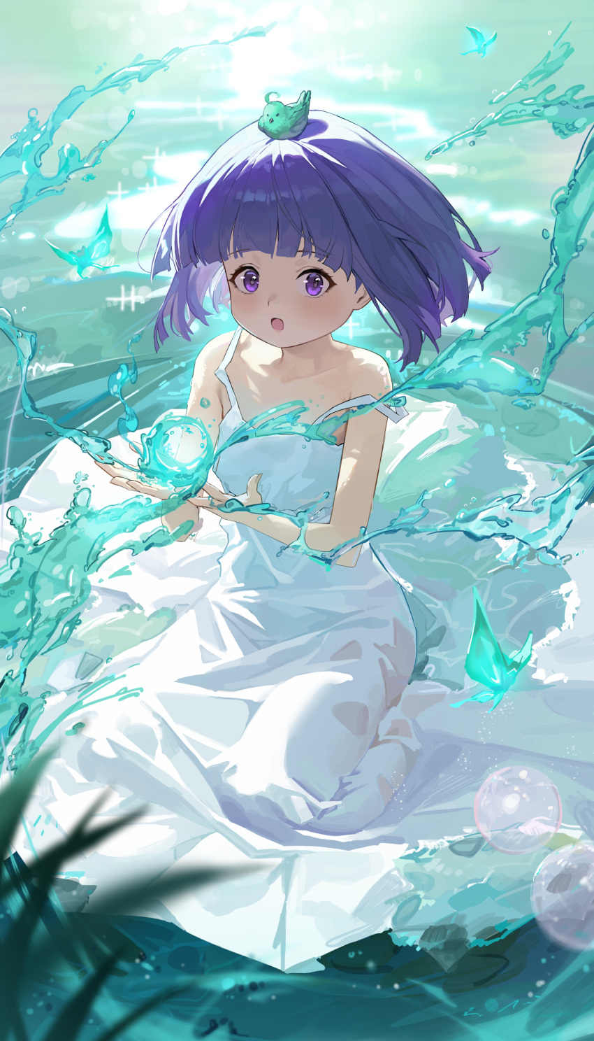 1girl, absurdres, air_bubble, animal_on_head, bare_arms, bare_shoulders, bird, bird_on_head
