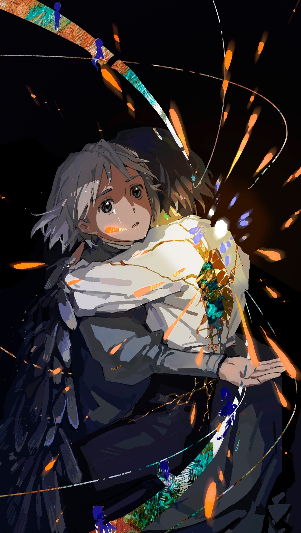 1boy, 1girl, ateveryone, blonde_hair, blue_dress, collared_shirt, dress, grey_hair