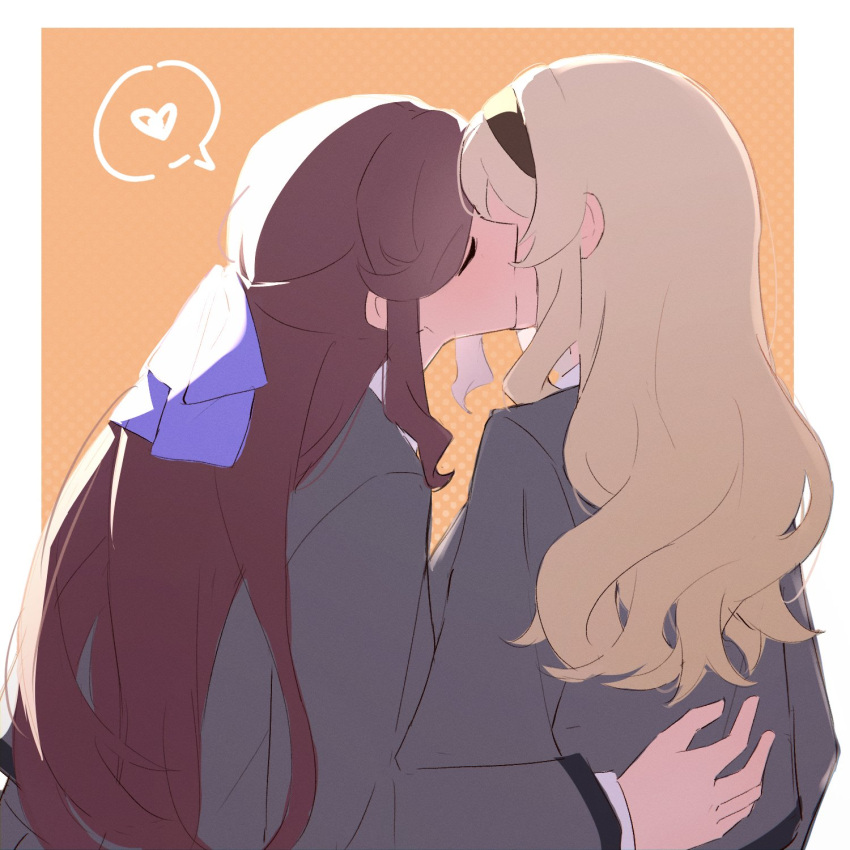 2girls, arms_at_sides, backlighting, black_hairband, blonde_hair, blue_bow, border, bow, brown_hair, closed_eyes, closed_mouth, covered_face, facing_another, from_behind, grey_jacket, grey_skirt, hair_bow, hairband, half_updo, halftone, halftone_background, hand_on_another's_back, hand_up, hashtag-only_commentary, highres, jacket, kiss, kissing_cheek, long_hair, long_sleeves, multiple_girls, orange_background, outside_border, pleated_skirt, profile, raven_(rnzraven), saijou_claudine, school_uniform, seishou_music_academy_uniform, shoujo_kageki_revue_starlight, side-by-side, sidelocks, skirt, tendou_maya, upper_body, very_long_hair, wavy_hair, white_border, yuri
