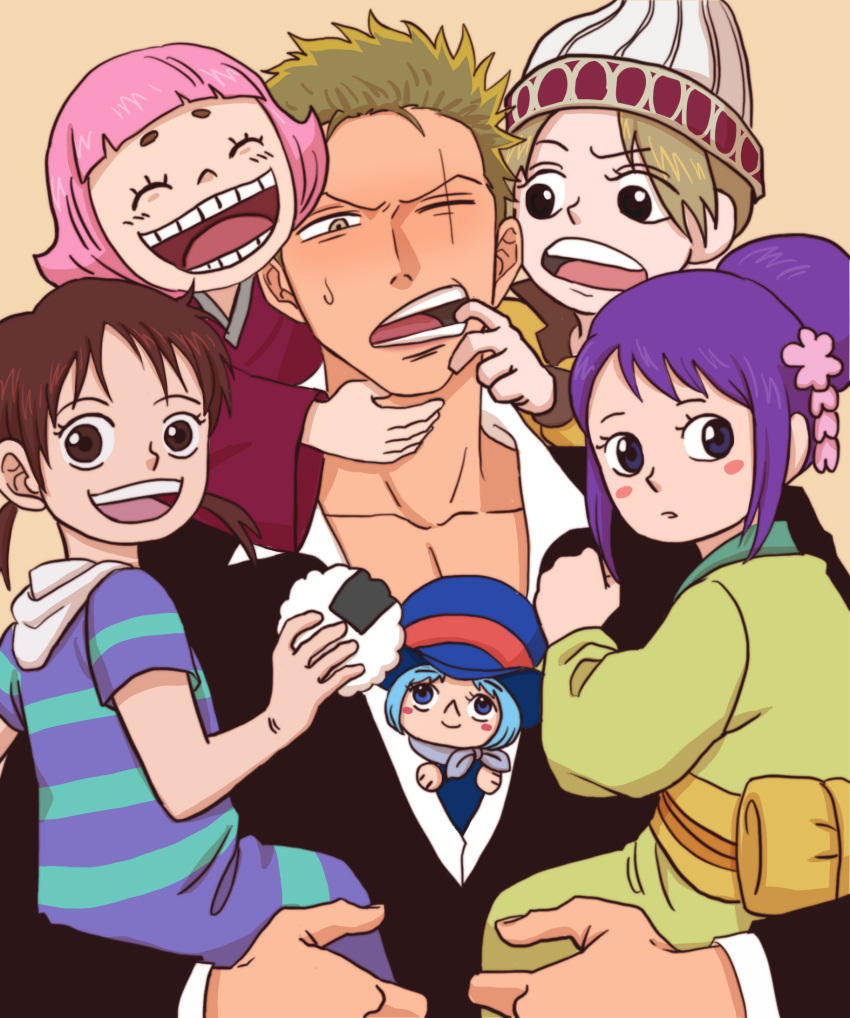 1boy, 5girls, apis_(one_piece), black_eyes, black_suit, blue_eyes, blue_hair, blue_hat