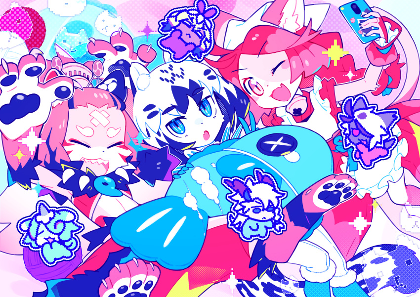 1girl, 2boys, :o, absurdres, androgynous, animal_ear_fluff, animal_ears, animal_feet