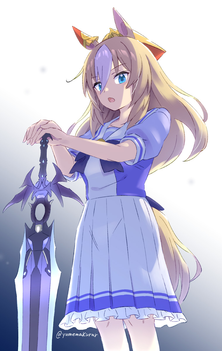 1girl, animal_ears, blonde_hair, blue_eyes, bow, bowtie, durandal_(umamusume), ear_covers