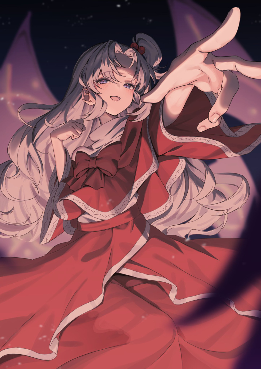 1girl, blue_eyes, blush, dress, foreshortening, grey_hair, hair_bobbles, hair_ornament