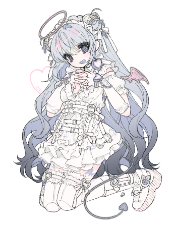 1girl, blue_eyes, blue_mouth, boots, breasts, demon_tail, demon_wings, double_bun, dress, frilled_sleeves, frills, fur-trimmed_boots, fur_trim, hair_bun, hair_ornament, hair_ribbon, halo, hands_up, heart, heart_hair_ornament, kneeling, long_hair, long_sleeves, looking_at_viewer, lowres, medium_breasts, open_mouth, original, platform_boots, platform_footwear, ribbon, ribbon-trimmed_footwear, simple_background, smile, solo, tail, thigh_boots, u_emper, very_long_hair, white_background, white_dress, white_footwear, white_ribbon, wings